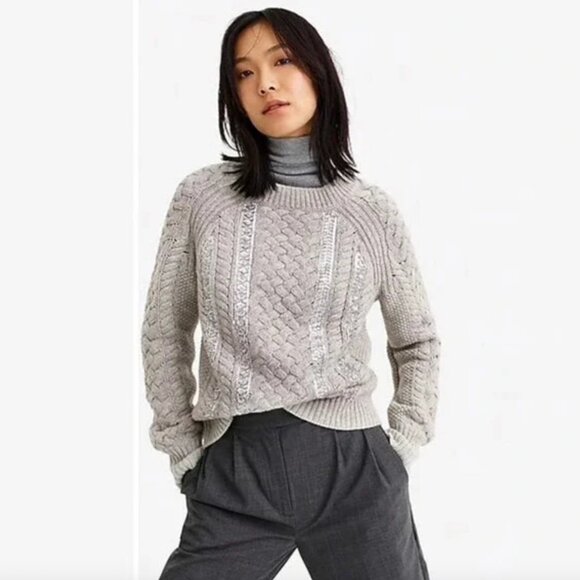 J.Crew XS Gray‎ Sequin Embellished Merino Wool Blend Cable Knit Sweater K4664 - Picture 1 of 6